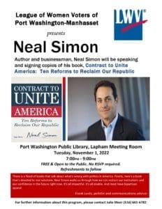 Flyer about Neal Simon book event Contract to Unite America