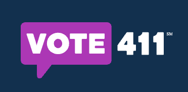 Vote411 logo — vote in purple rectangle on blue rectangle with 411