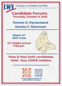 Forum flyer for Glen Cove mayoral candidates Pamela D. Panzenbeck and Marsha F. Silverman on October 9, 2025 at GC Middle School, with map, QR codes, and LWV logo.