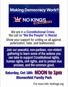 Flyer announcing a mass protest called "NO KINGS" on Saturday, Oct 18th, noon to 1pm at Blumenfeld Family Park, urging peaceful resistance to defend rights and democracy.