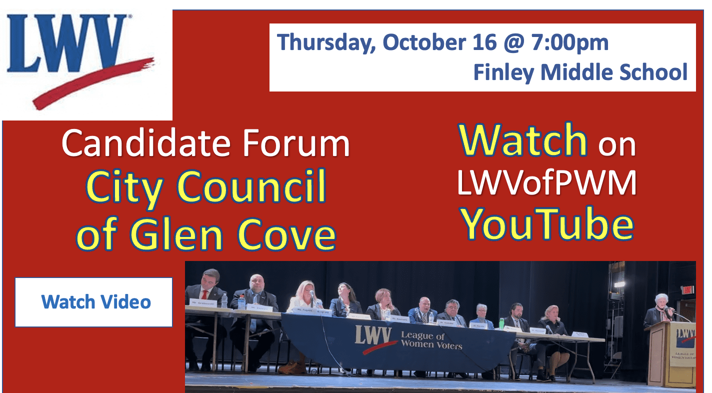 A panel of candidates sits on stage at a City Council candidate forum for Glen Cove, hosted by the League of Women Voters, with event details and online viewing information displayed.