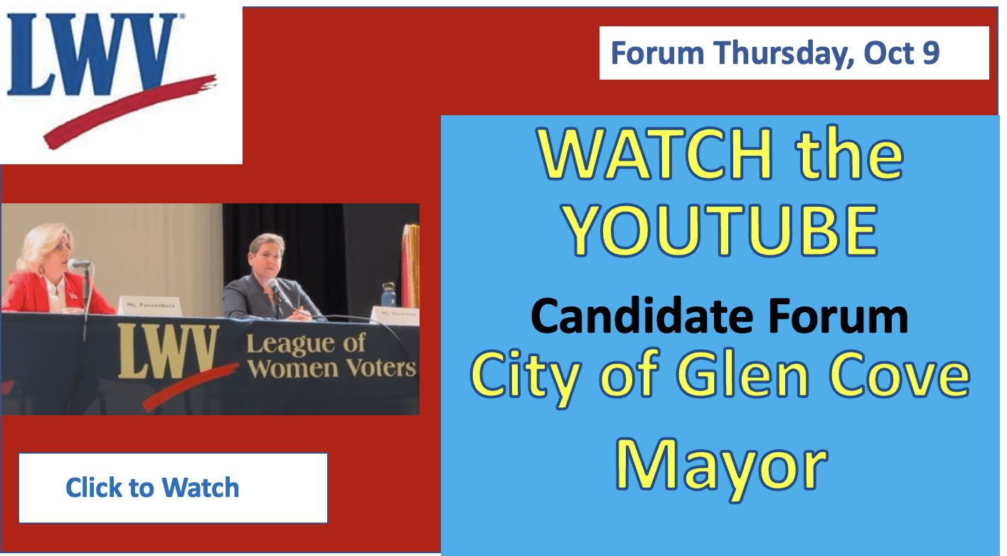 A promotional graphic for a League of Women Voters YouTube candidate forum for the City of Glen Cove mayor, with an image of two people at a debate table.
