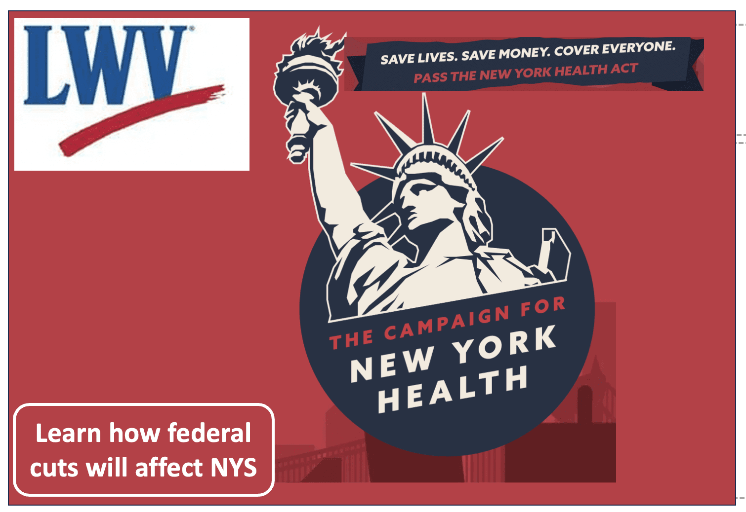 A graphic featuring the League of Women Voters logo, Statue of Liberty, and text about the impact of federal cuts on New York State health coverage.