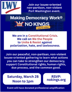 Flyer for "Making Democracy Work: NO KINGS" event, calling for constitutional rights and unity, held on Saturday, March 28, noon to 1pm, with RSVP at nokings.org.