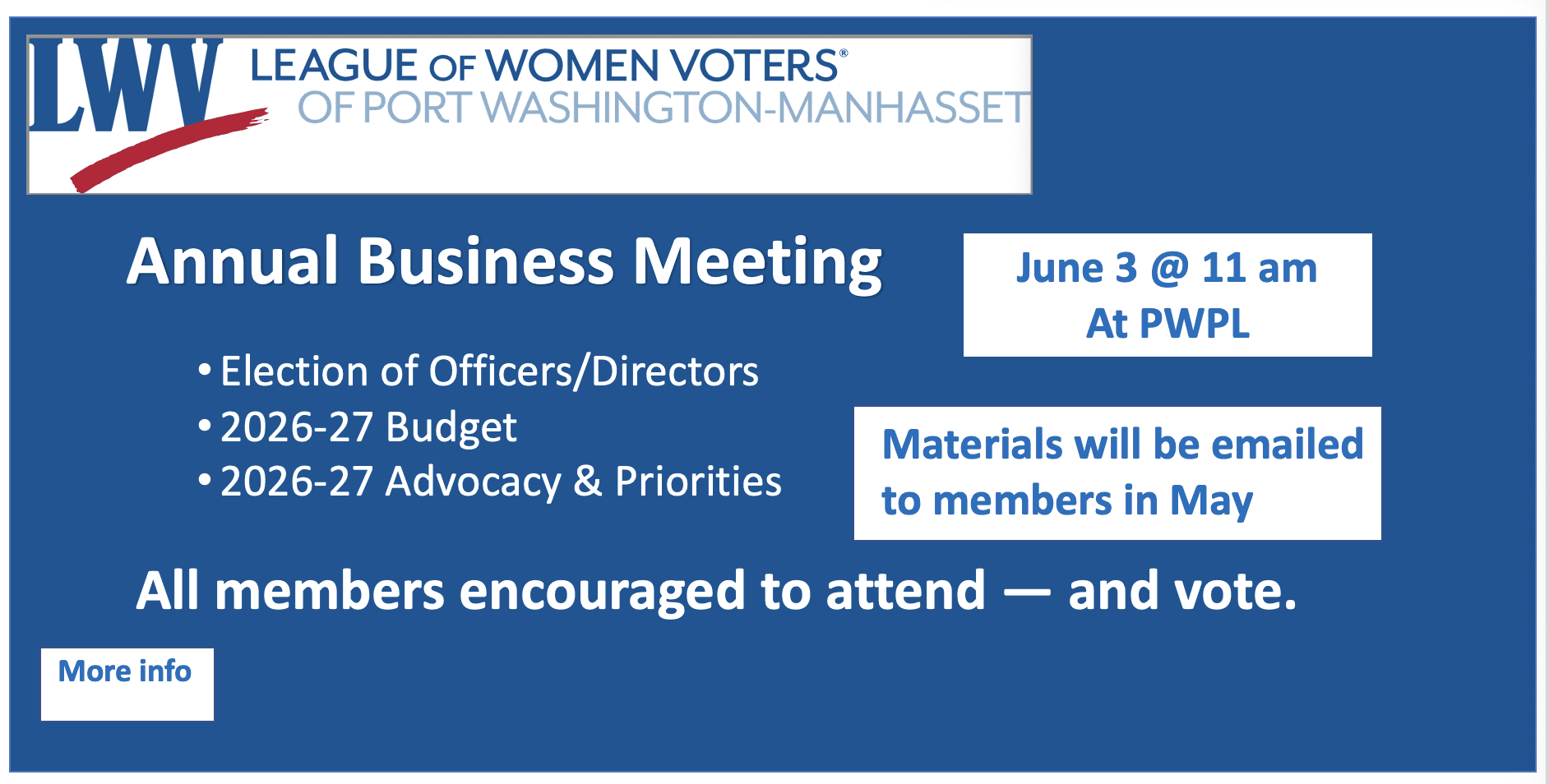 League of Women Voters business meeting notice with date, time, agenda topics, voting reminder, and note that materials will be emailed to members in May.